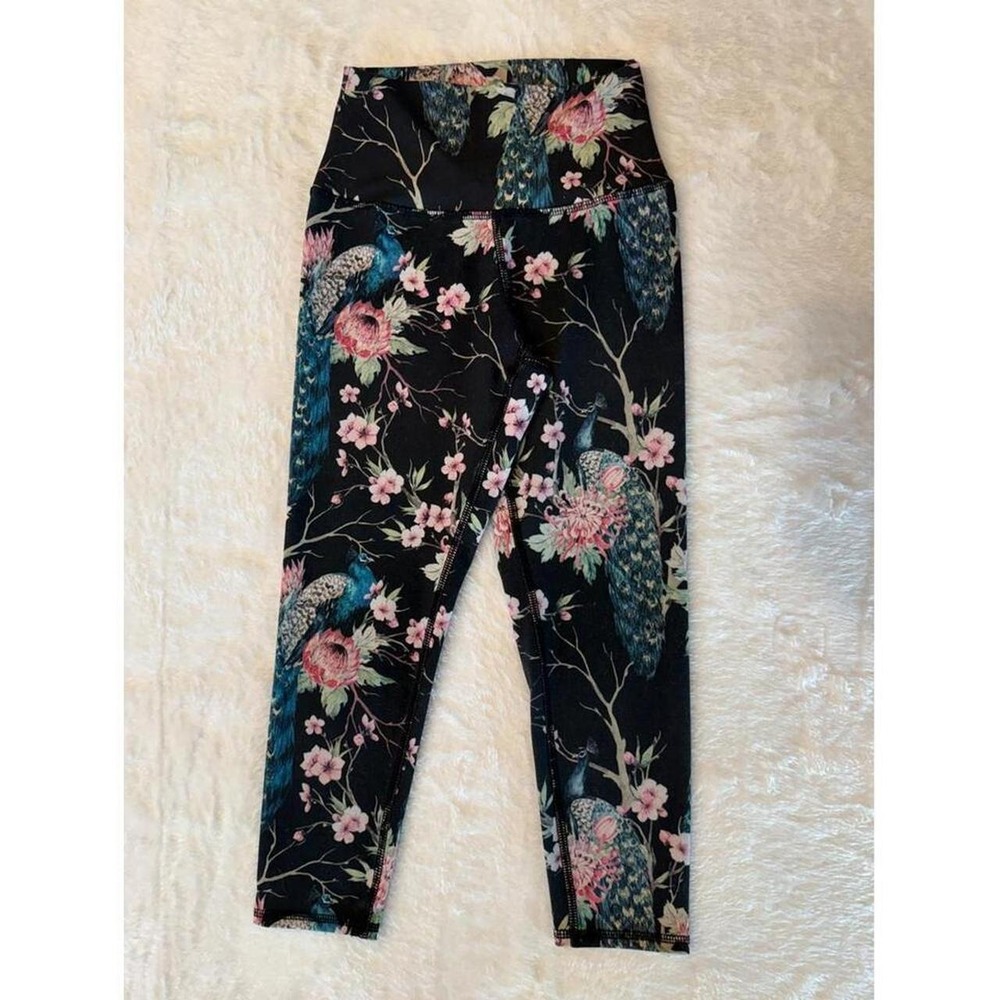 Evolution and Creation Women Black Pink Floral Peacock Leggings S